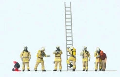 Preiser 10774 - Modern Firefighters With Breathing Apparatus -- 6 Figures In Beige Uniforms, 1 Rescued Man, Accessories - HO Scale