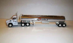 Trucks N Stuff 097 - Peterbilt 579 Day-Cab Tractor With Gas Tank Trailer - Assembled -- S.C. Fuels (white, Red, Chrome) - HO Scale