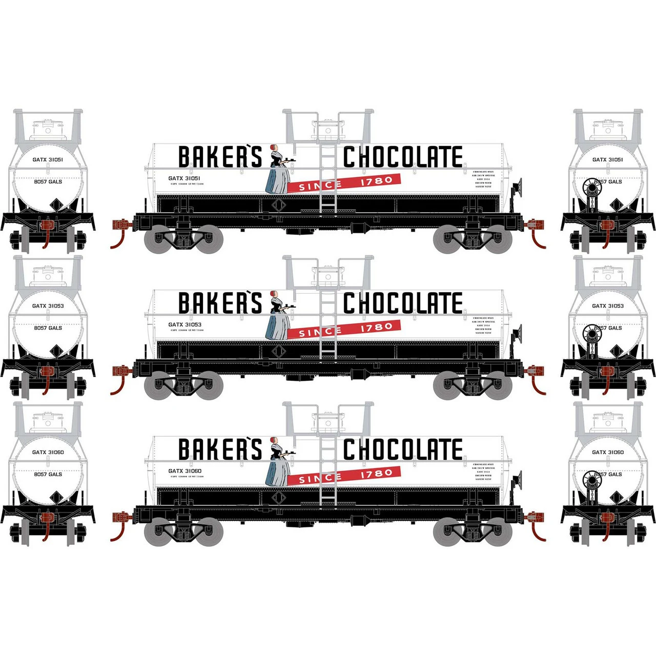Athearn Roundhouse 72994 - Chemical Tank Car Baker Chocolates (GATX) 31051, 31053, 31060 - HO Scale